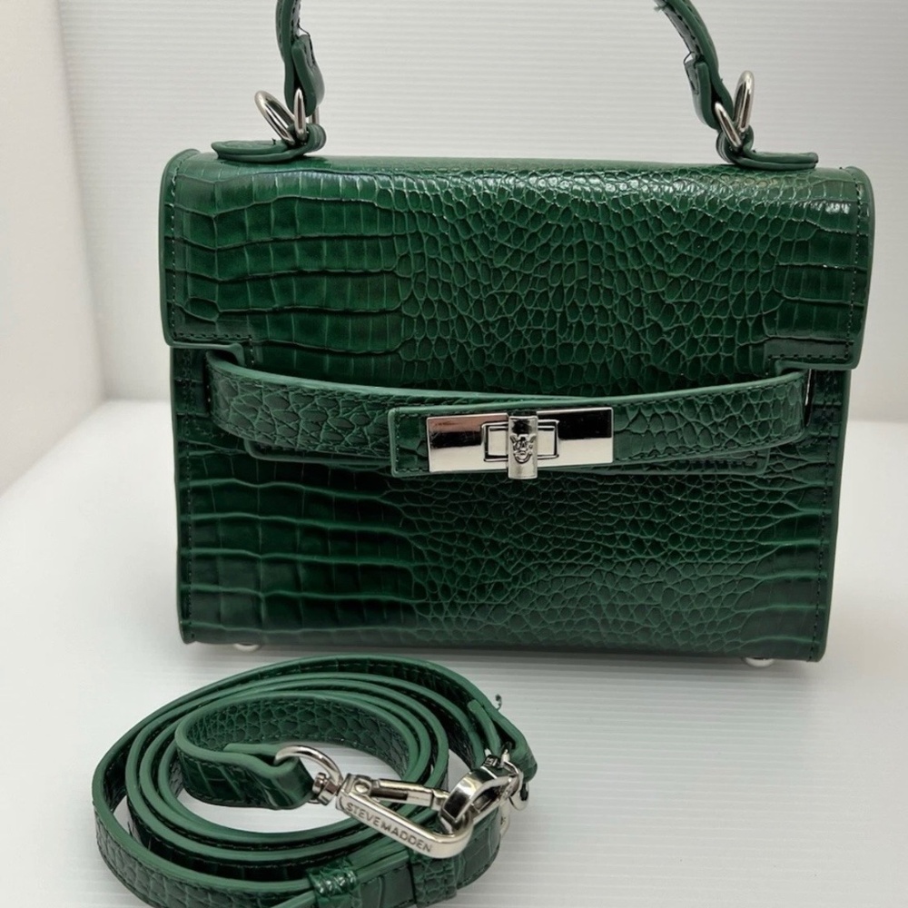 Steve Madden BDignify Croco Top Handle Bag With Strap Hunter Green Faux Patent